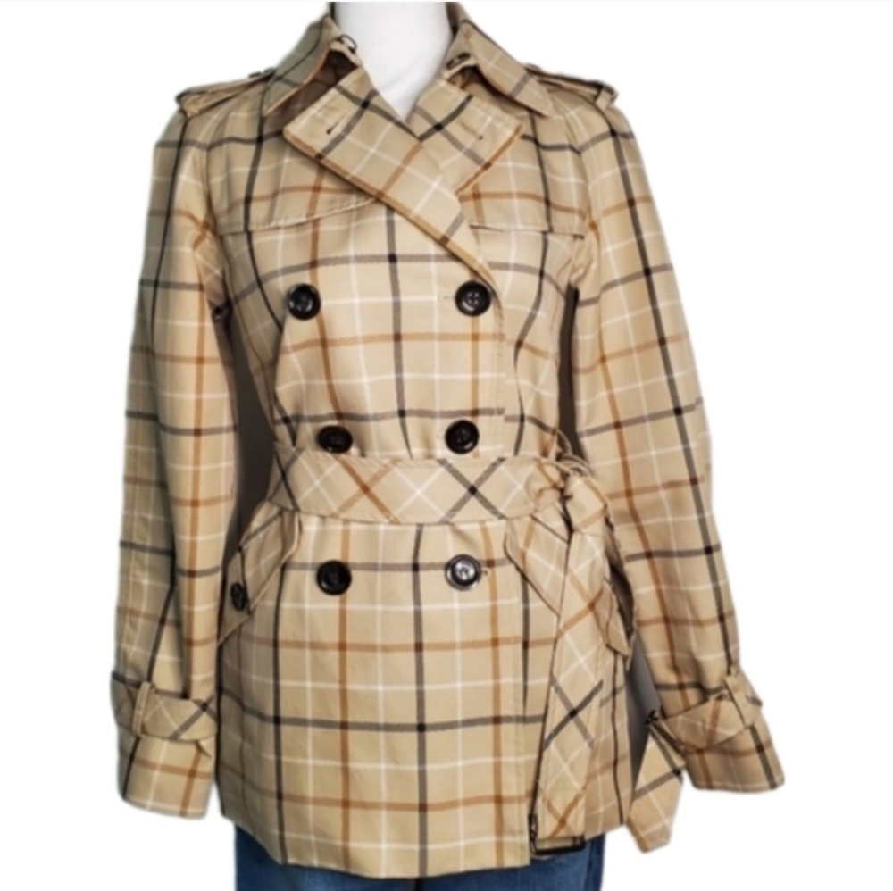 COACH Tattersall Khaki Multi Short Trench Coat Size XS
